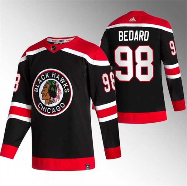 Men%27s Chicago Blackhawks #98 Connor Bedard Black Stitched Hockey Jersey Dzhi